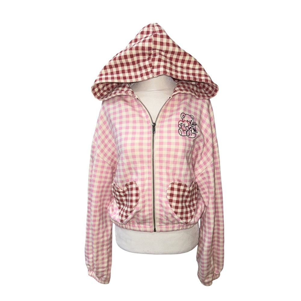 Teddy Fresh Pink Gingham Heart Pocket Zip Up Hoodie Womens Medium Cotton Fleece